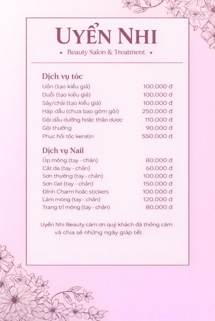 BẢNG GIÁ DỊCH VỤ  HAIR & NAIL 2026